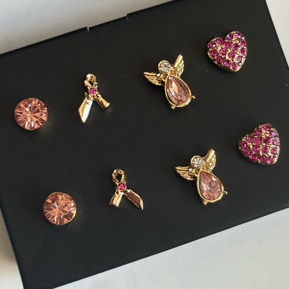 Vintage Avon Pink Rhinestone 4-Pair Stud Earring Set Angel Heart NWT